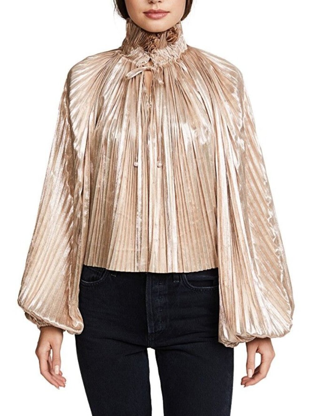 Opening Ceremony metallic pleated high collar romantic blouse balloon sleeves